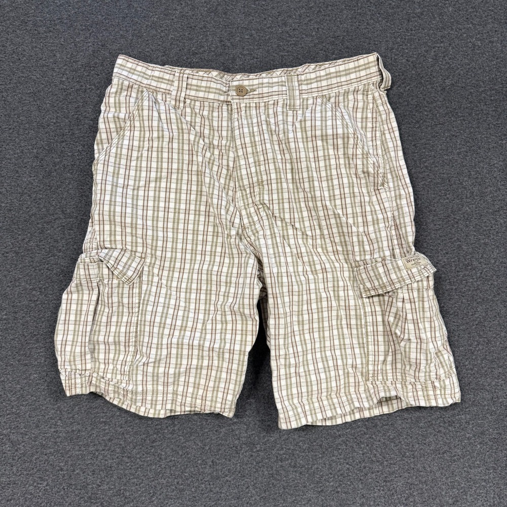 Wrangler Cargo Shorts Mens 34 Tan Good Plaid Cotton Utility Pockets